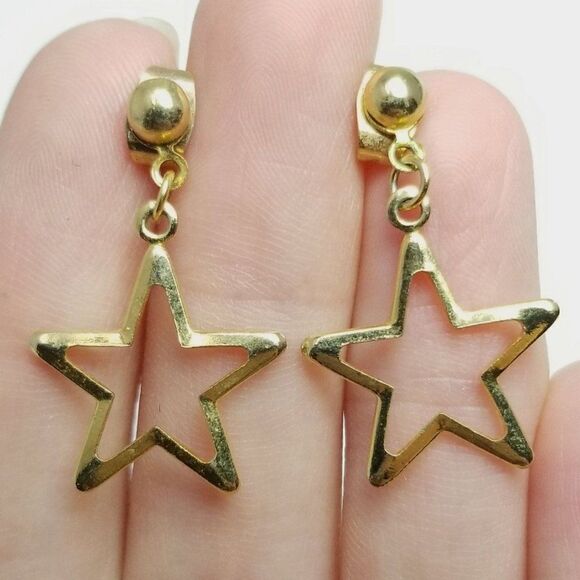 Vintage Star Dangle Earrings, Gold Tone Light Weight, Celestial Space Theme - Picture 1 of 6